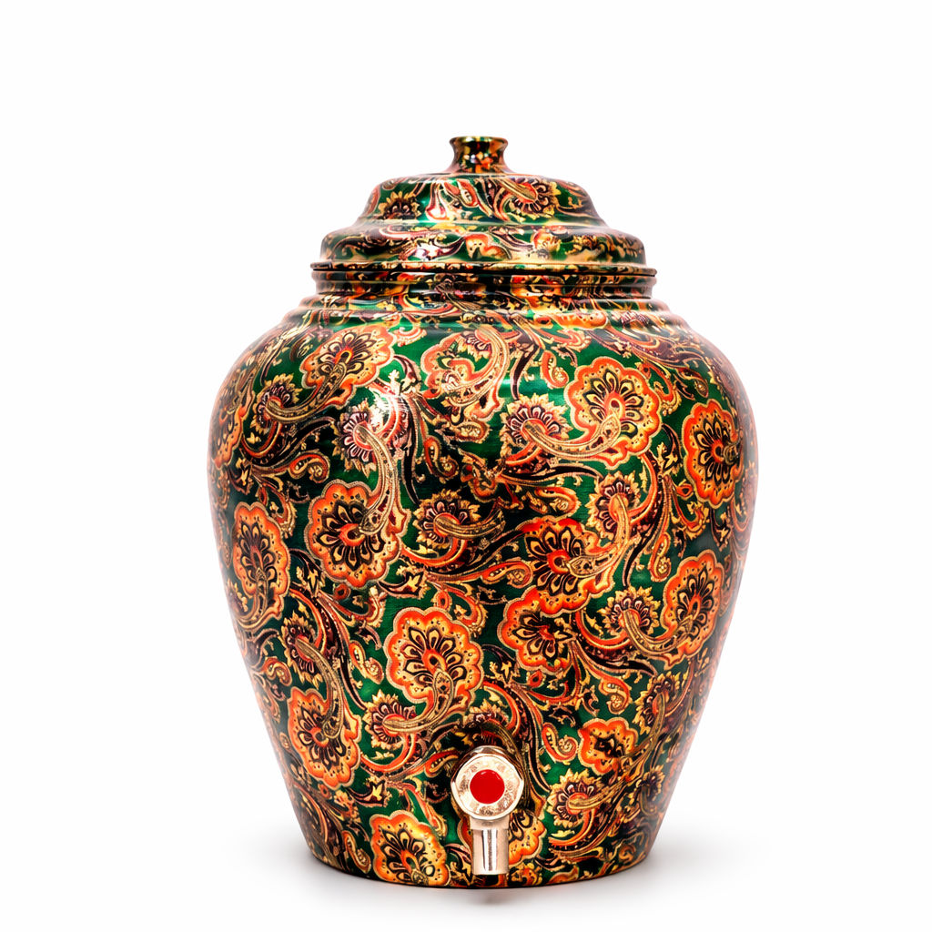 Handcrafted Pure Copper Water Pot With Printed Flower Design